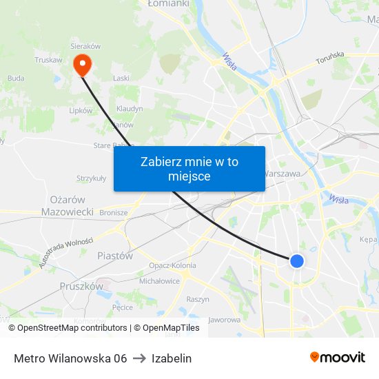 Metro Wilanowska to Izabelin map