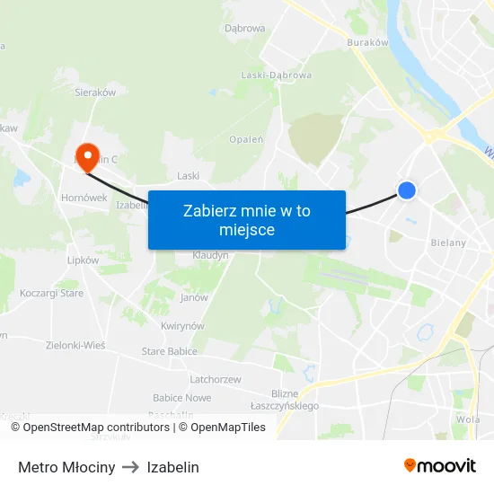 Metro Młociny to Izabelin map
