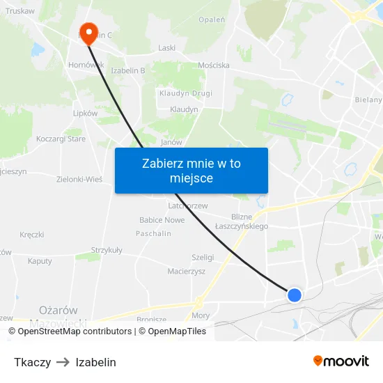 Tkaczy to Izabelin map