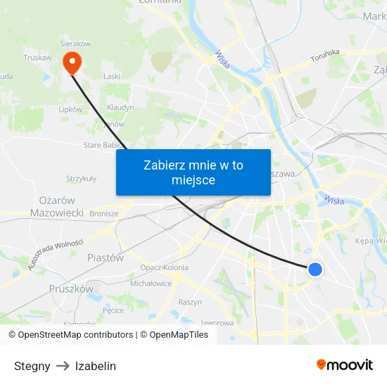 Stegny to Izabelin map