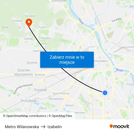Metro Wilanowska to Izabelin map