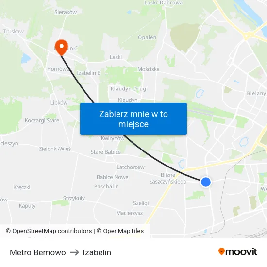 Metro Bemowo to Izabelin map