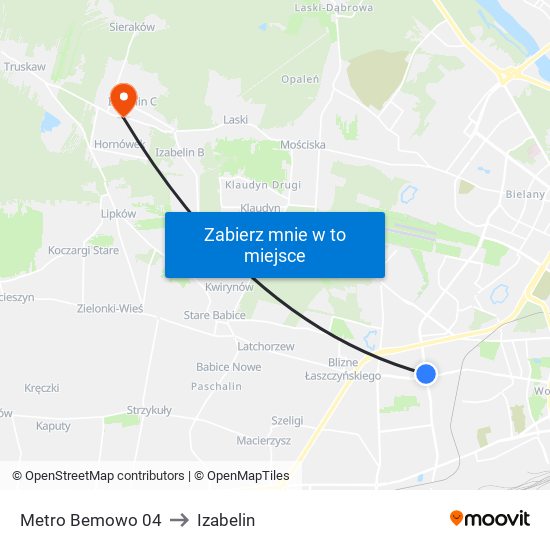 Metro Bemowo to Izabelin map