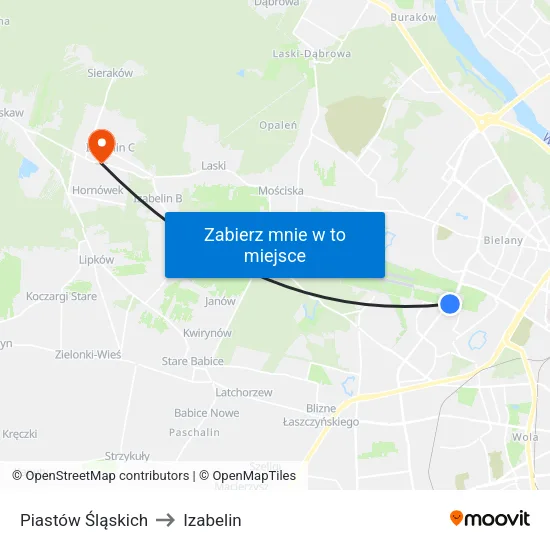Piastów Śląskich to Izabelin map