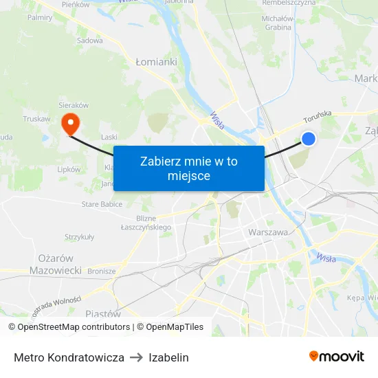 Metro Kondratowicza to Izabelin map