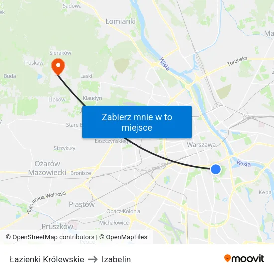 Łazienki Królewskie to Izabelin map