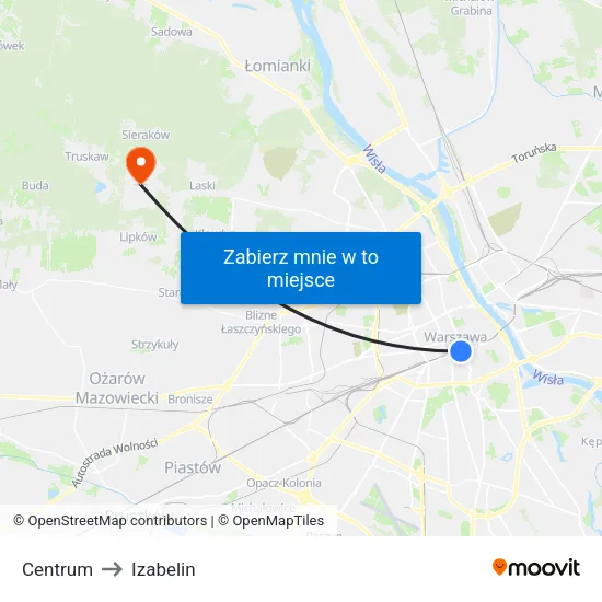 Centrum to Izabelin map