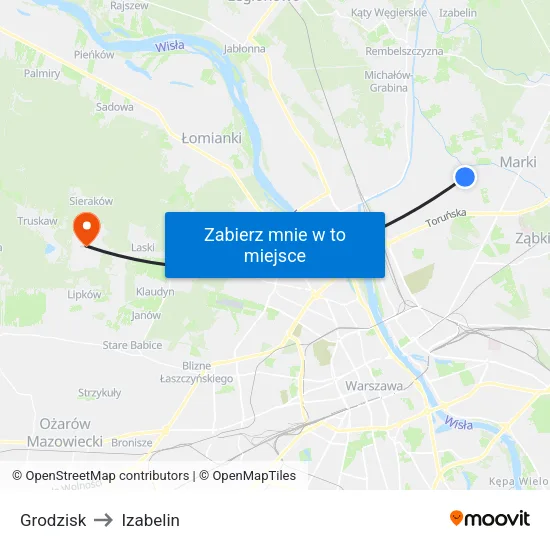 Grodzisk to Izabelin map