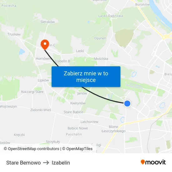 Stare Bemowo to Izabelin map