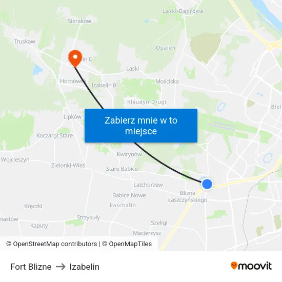 Fort Blizne to Izabelin map
