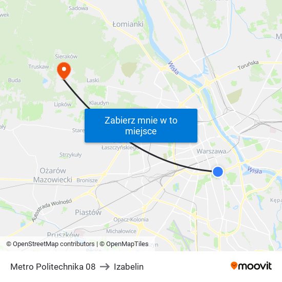 Metro Politechnika to Izabelin map