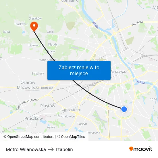 Metro Wilanowska to Izabelin map