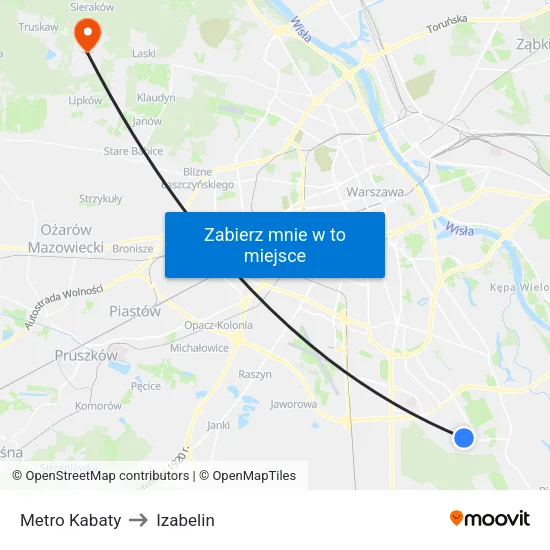 Metro Kabaty to Izabelin map