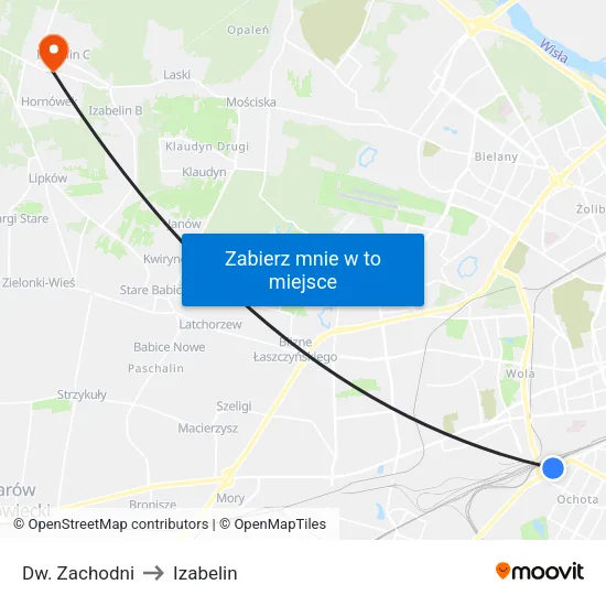 Dw. Zachodni to Izabelin map