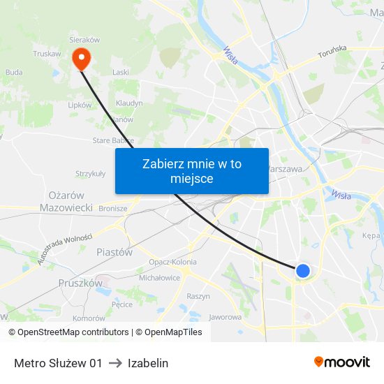 Metro Służew to Izabelin map