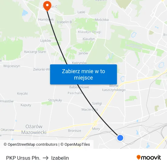 PKP Ursus Płn. to Izabelin map