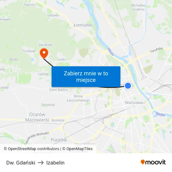 Dw. Gdański to Izabelin map