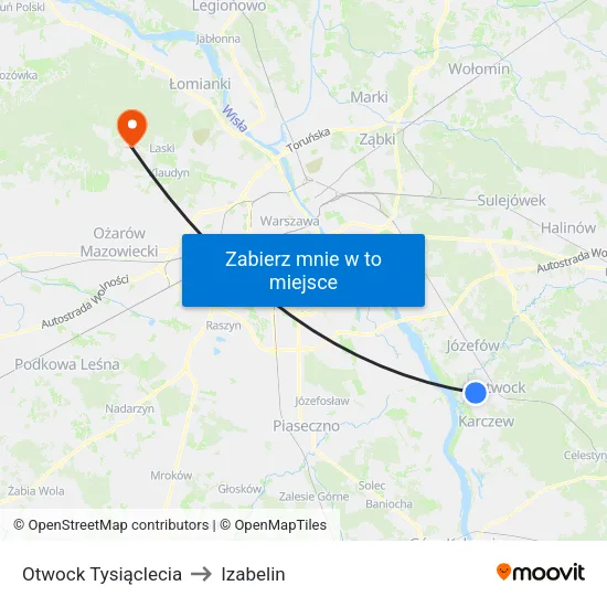 Otwock Tysiąclecia to Izabelin map