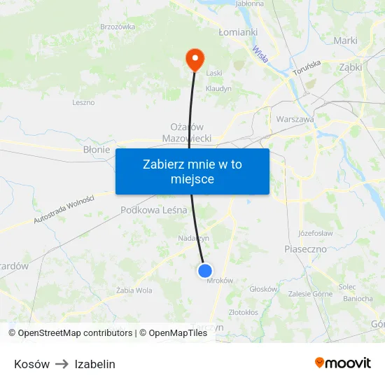 Kosów to Izabelin map