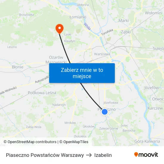 Piaseczno Powstańców Warszawy to Izabelin map