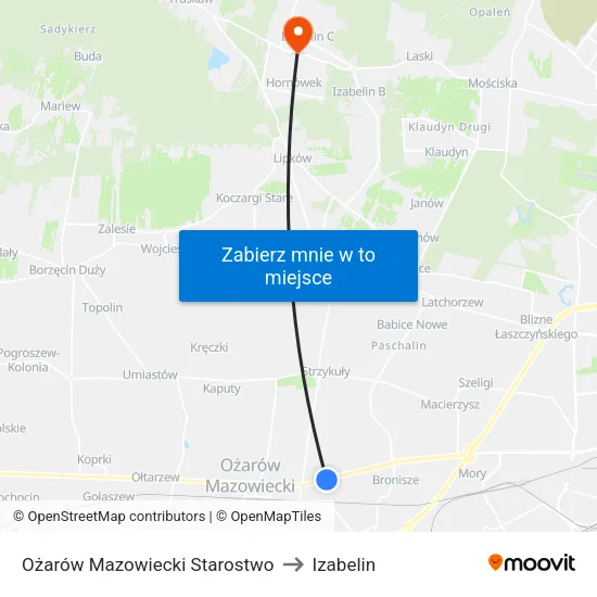 Ożarów Mazowiecki Starostwo to Izabelin map