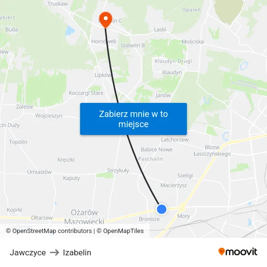 Jawczyce to Izabelin map