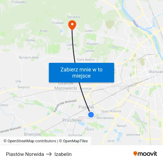 Piastów Norwida to Izabelin map