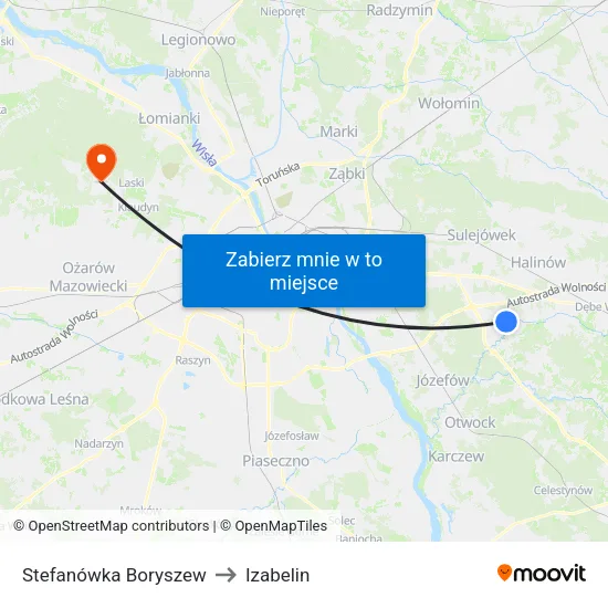 Stefanówka Boryszew to Izabelin map