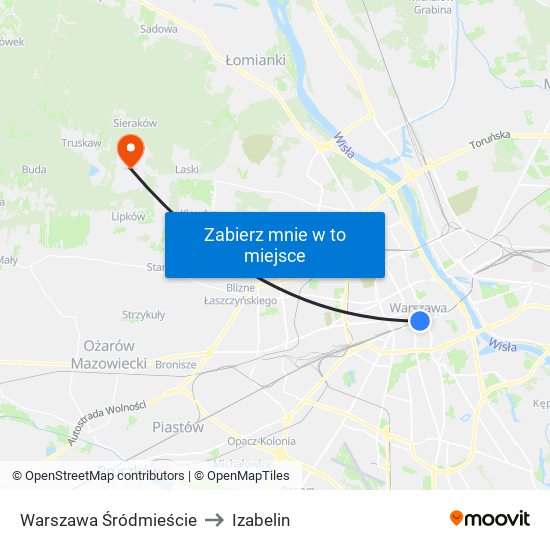 Warszawa Śródmieście to Izabelin map