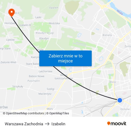 Warszawa Zachodnia to Izabelin map