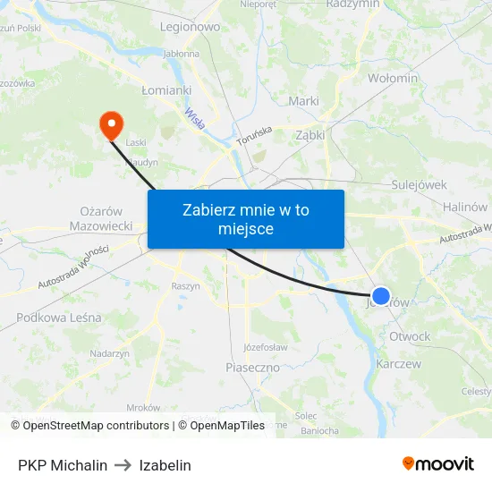 PKP Michalin to Izabelin map