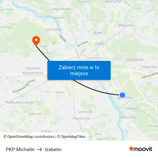 PKP Michalin to Izabelin map