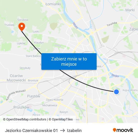 Jeziorko Czerniakowskie to Izabelin map