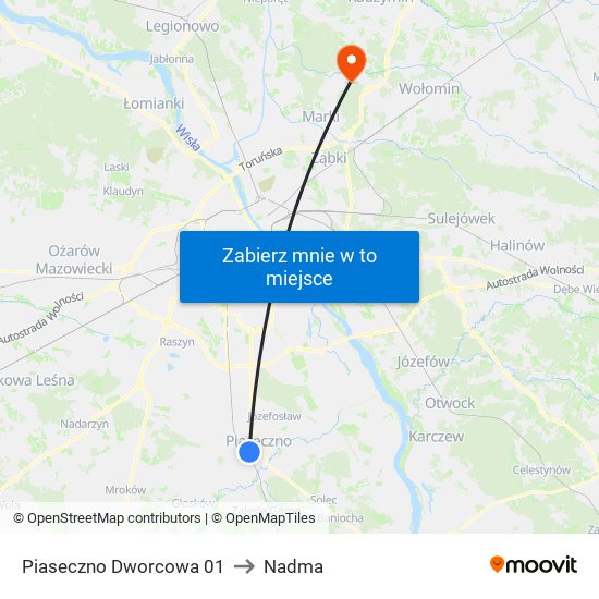 Piaseczno Dworcowa 01 to Nadma map