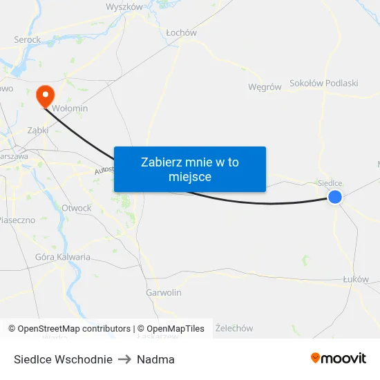 Siedlce Wschodnie to Nadma map