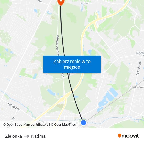 Zielonka to Nadma map