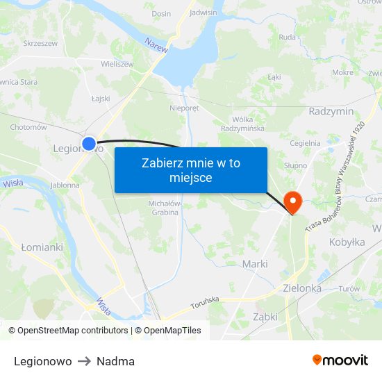 Legionowo to Nadma map