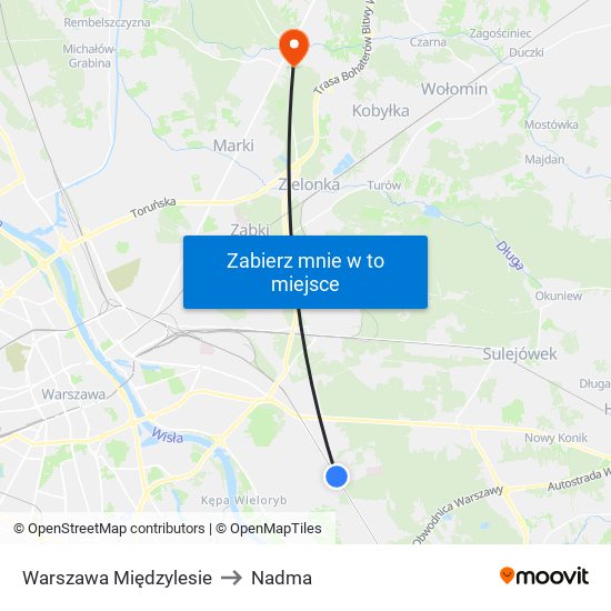 Warszawa Międzylesie to Nadma map