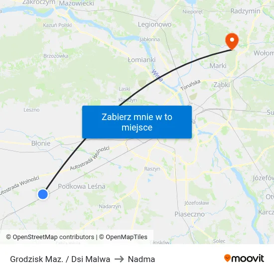Grodzisk Maz. / Dsi Malwa to Nadma map