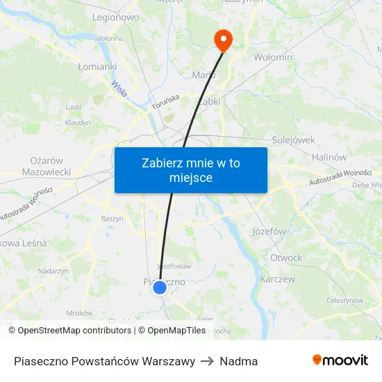 Piaseczno Powstańców Warszawy to Nadma map