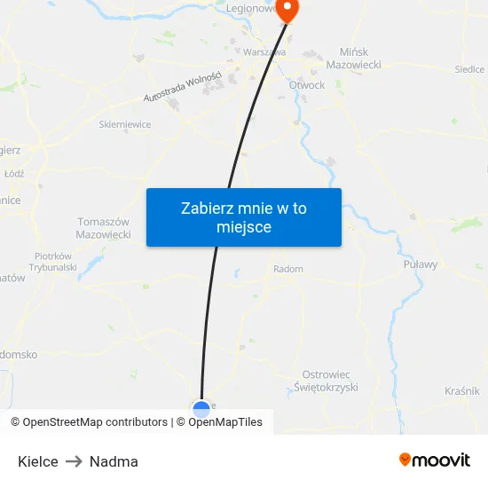 Kielce to Nadma map