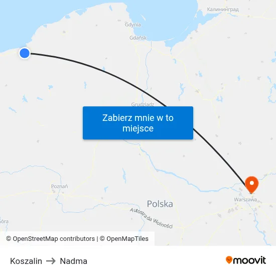 Koszalin to Nadma map