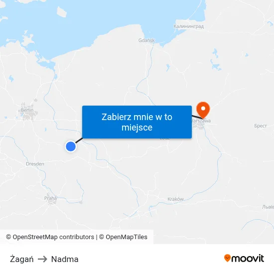 Żagań to Nadma map