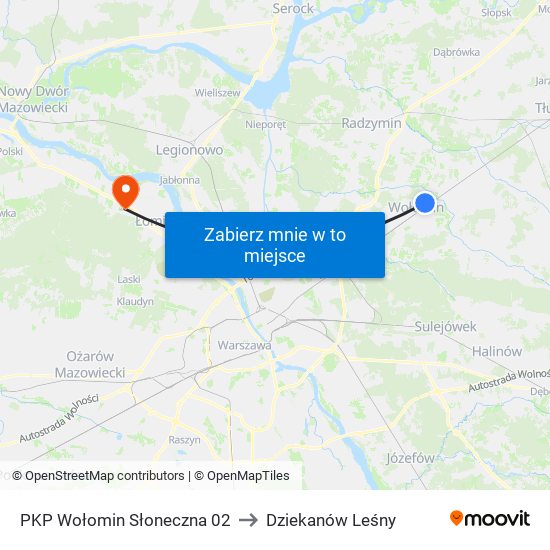 PKP Wołomin Słoneczna 02 to Dziekanów Leśny map