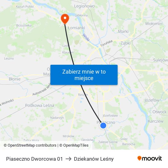 Piaseczno Dworcowa 01 to Dziekanów Leśny map