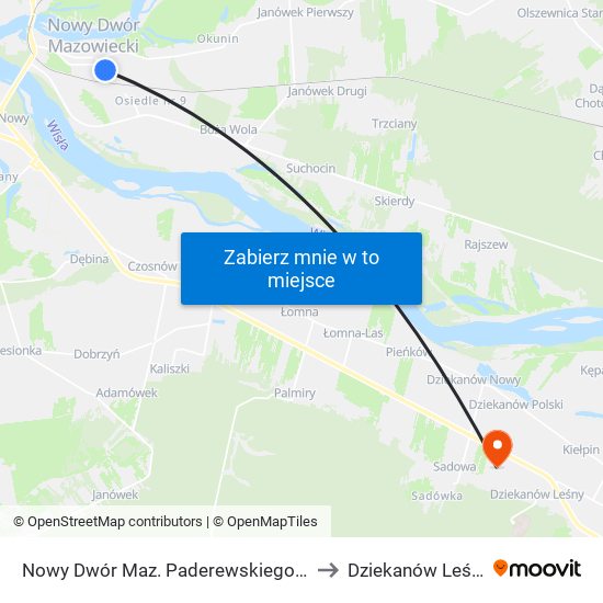 Nowy Dwór Maz. Paderewskiego 01 to Dziekanów Leśny map