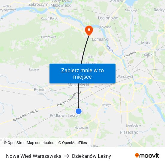 Nowa Wieś Warszawska to Dziekanów Leśny map