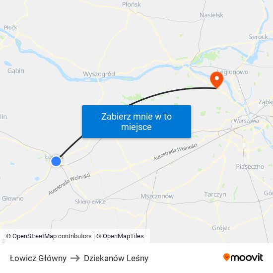 Łowicz Główny to Dziekanów Leśny map