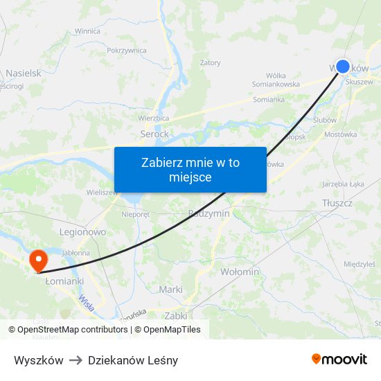 Wyszków to Dziekanów Leśny map