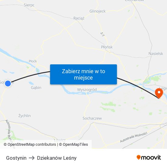 Gostynin to Dziekanów Leśny map